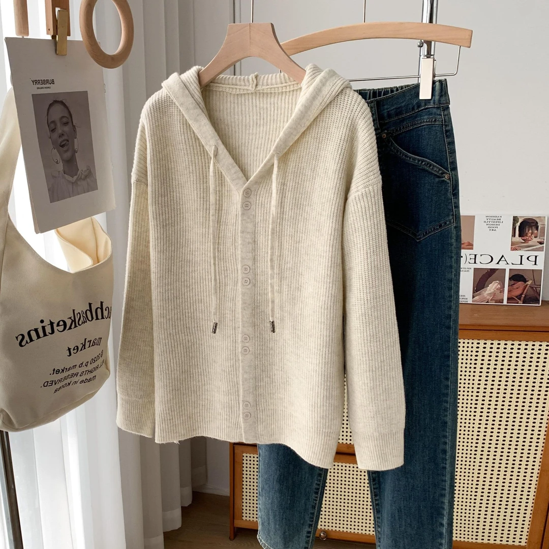 5005气质百搭毛衣针织连帽女新款外搭洋气小个子上衣针织纯色显瘦