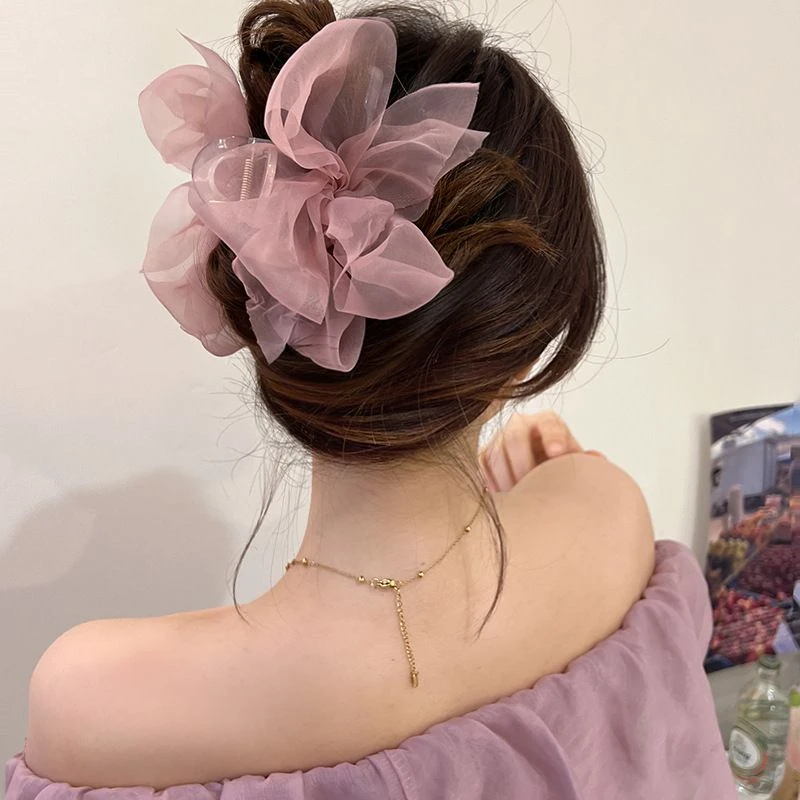 铜合金玻璃发饰 加分项~韩版温柔网纱发夹女后脑勺超仙气质鲨鱼夹