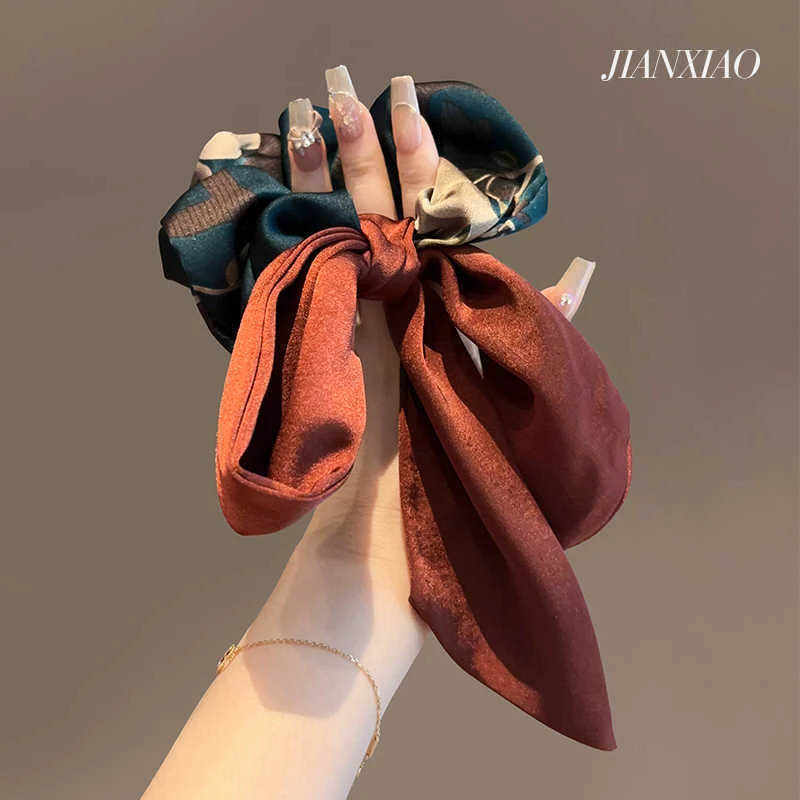 韩国2024高级感精致复古印花飘带发圈发绳时尚扎马尾蝴蝶结发饰女