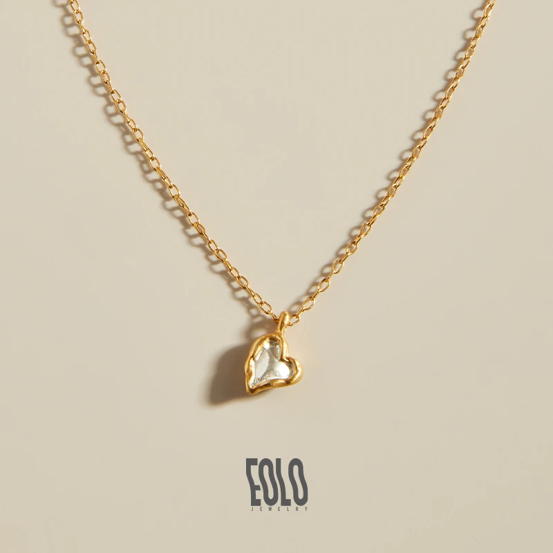 EOLO 坠链均925银 柔砂心形吊坠 女纯银小众感锁骨链金色百搭时尚