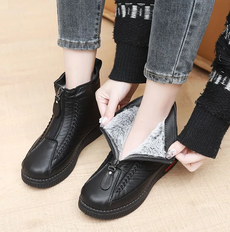 【真皮】2024冬季羊加绒妈妈鞋新款棉鞋保暖中老年平底雪地棉