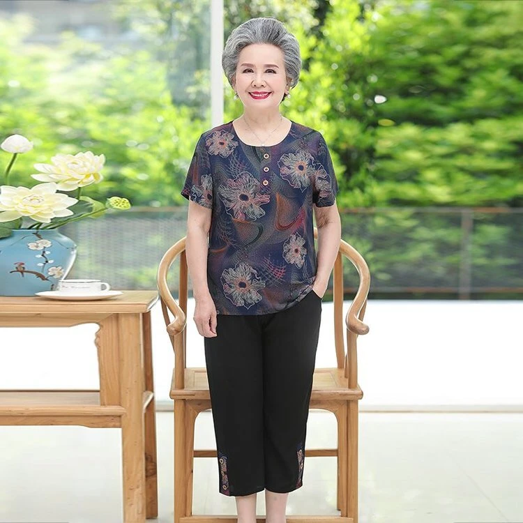 高品质中老年纯棉短袖二件套妈妈装夏季老年人大码老太太奶奶装