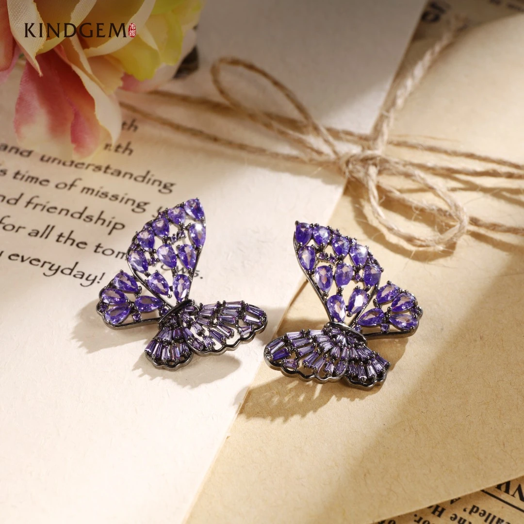 铜合金合成锆石耳饰 BA17XXLC-12876紫色蝴蝶少女优雅耳环