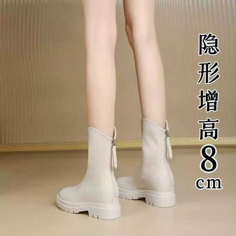 真皮厚底马丁靴女2024年秋冬弹力V口小个子内增高百搭英伦风短靴