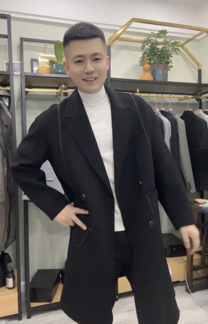 22B06韩版男士冬季中长款手工双面羊毛大衣风衣加厚潮流百搭上衣