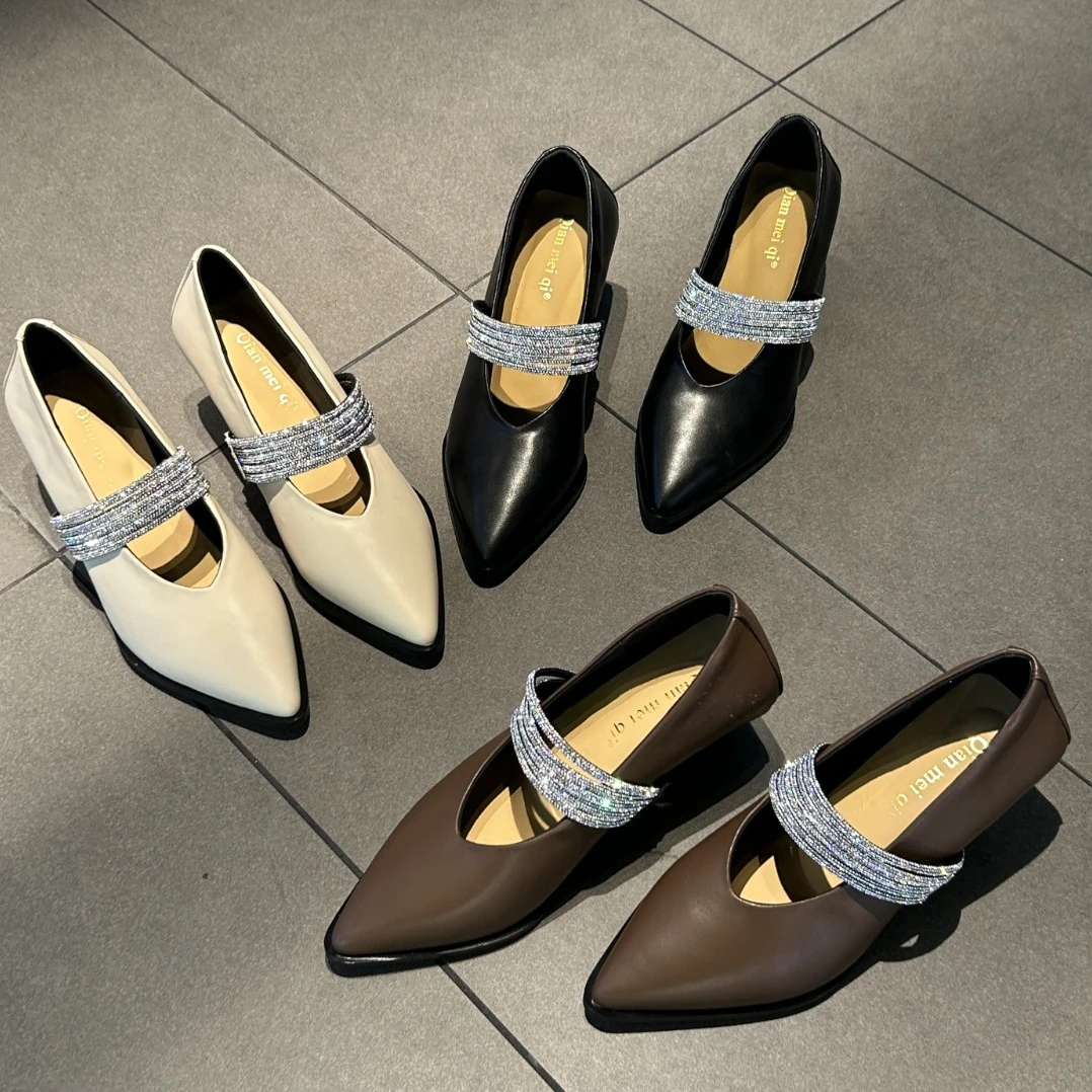 新款气质时尚百搭真皮宫廷跟浅口高跟鞋尖头秋季单鞋