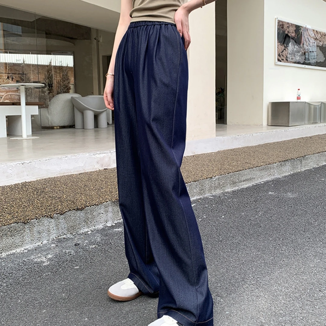 【凉凉裤】天丝仿牛仔休闲裤女夏松紧腰拖地甩甩裤百搭宽松阔腿裤