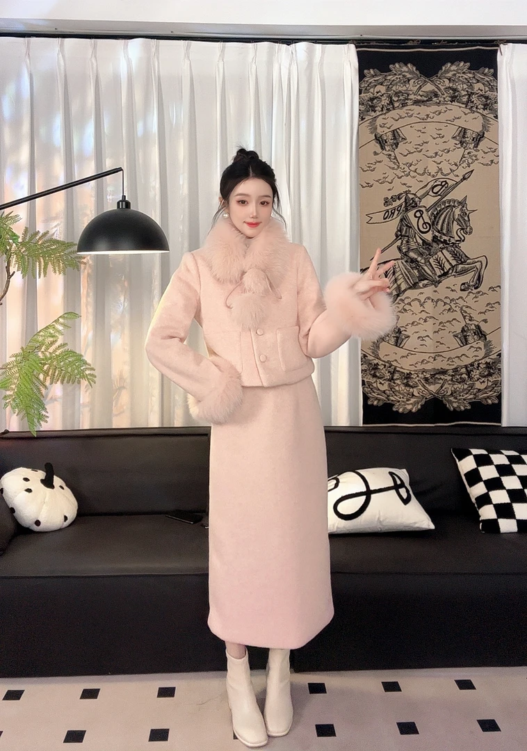 00001#千金小香风高级感外套高腰半身裙2024新款时尚套装女