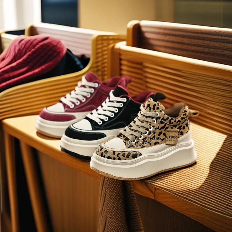 2024早秋高帮女鞋时尚真皮厚底系带韩版潮流拼色小白鞋内增高女鞋