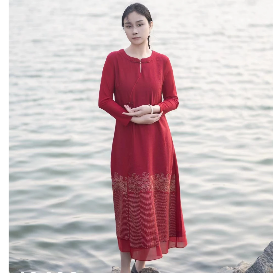 木棉道16408大码民族风中长款改良旗袍设计感重工刺绣高级感