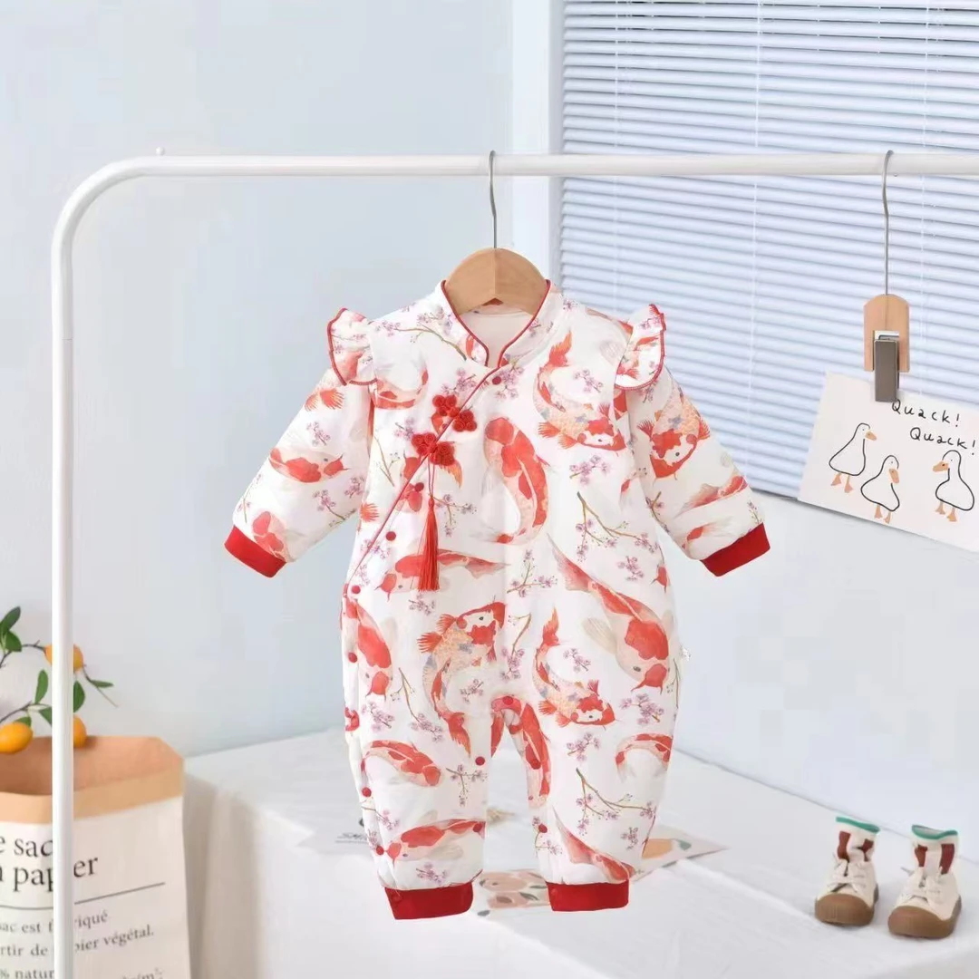 0208冬季锦鲤厚棉婴幼儿宝宝加厚喜庆保暖红色拜年服连体衣哈衣