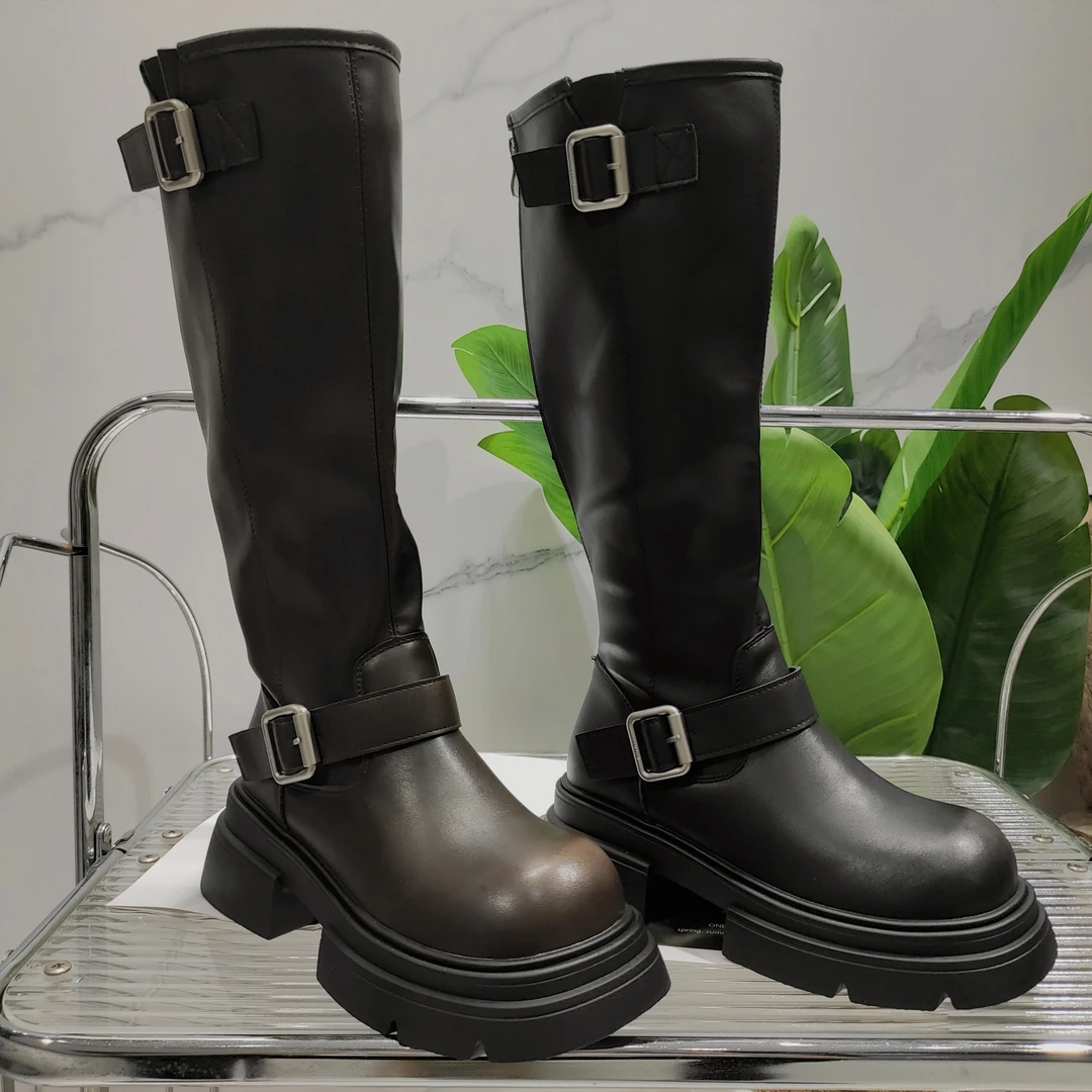 法式复古秋冬新款简约百搭皮带扣显瘦骑士长靴8876-1(加绒)