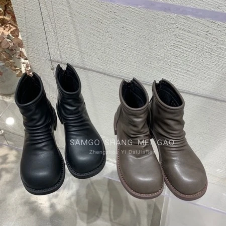 韩版粗跟时尚百搭复古显瘦圆头后拉链短靴87-207(加薄绒)