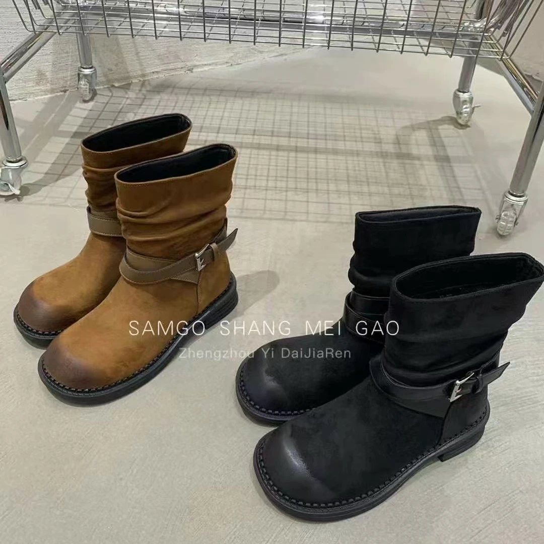 英伦风女圆头小众设计复古套筒西部牛仔短靴87-202