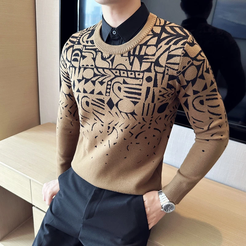 假两件两毛衣男秋冬季翻领提花潮保暖新款衬衫假领男士长袖针织衫