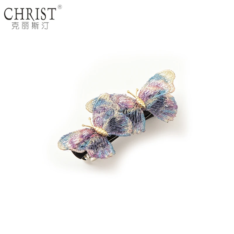CHRIST/克丽斯汀 合金布艺发饰 铜丝绣花双蝴蝶弹簧夹优雅横夹