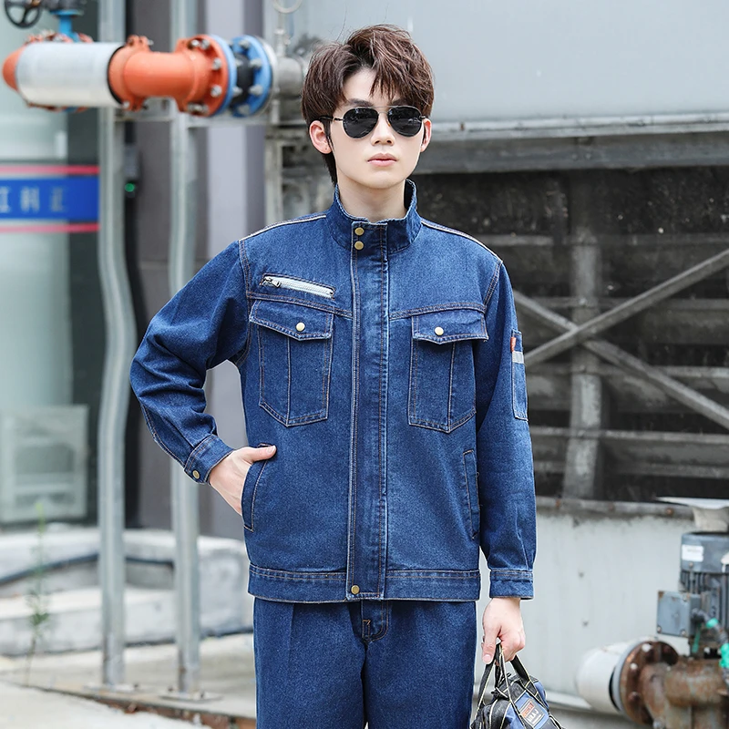 邯兴加厚立领牛仔工作服套装耐磨防烫电工焊工劳保服汽修电网厂服