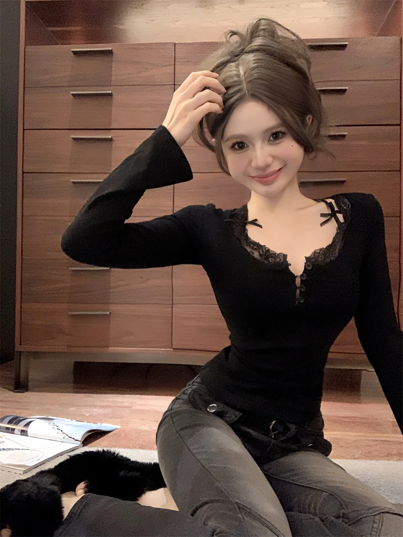 矫欲陷阱纯欲性感假两件百搭拼接蕾丝花边打底衫T恤秋冬长袖上衣