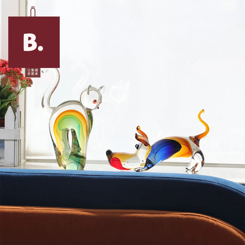 【宝格】艺术大师系列萌翻猫狗琉璃组合工艺摆件对装高档彩色欧式