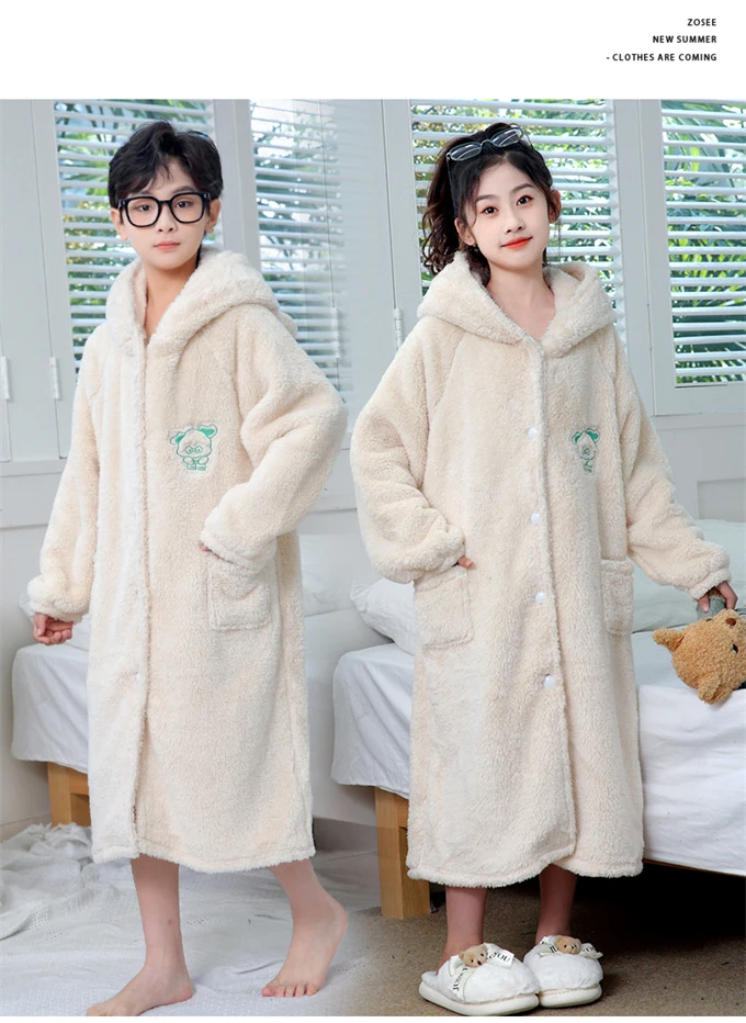 冬季冬款珊瑚绒睡袍加绒加厚保暖家居服大码女士情侣外穿连帽卡通