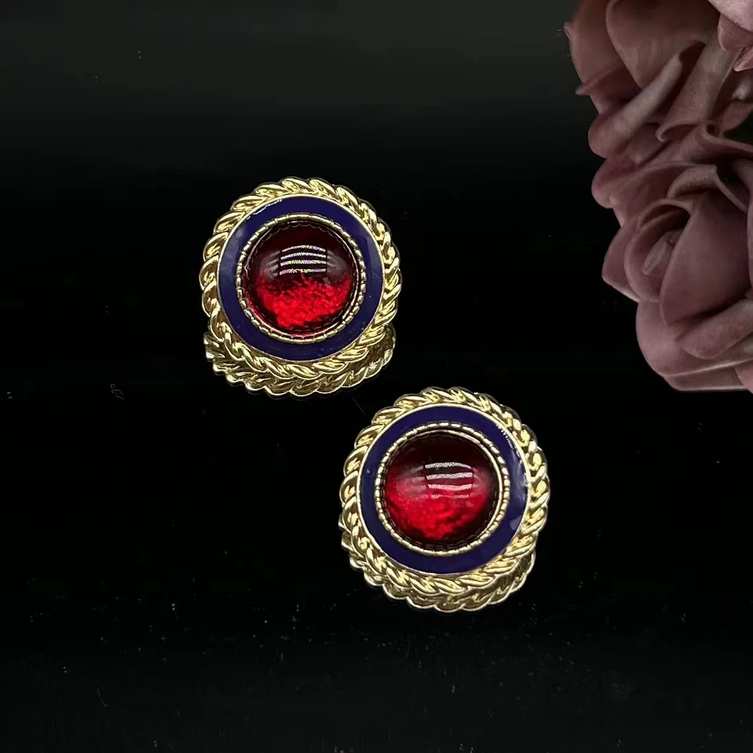 合金耳饰 A006气质百搭简约法式小众宫廷耳钉精致大气宫廷风红色