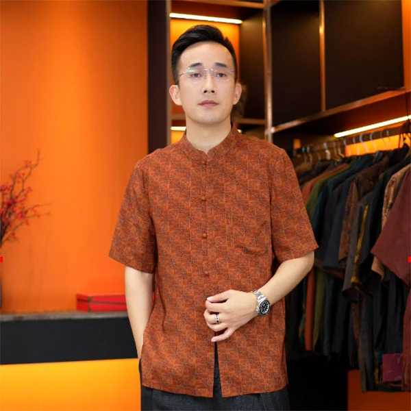 奢品级重磅红云纱男夏季短袖真丝桑蚕丝绸上衣中式男装