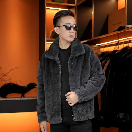 稀有清灰满天星整貂大衣顶奢级美国进口水貂皮男士外套时尚休闲