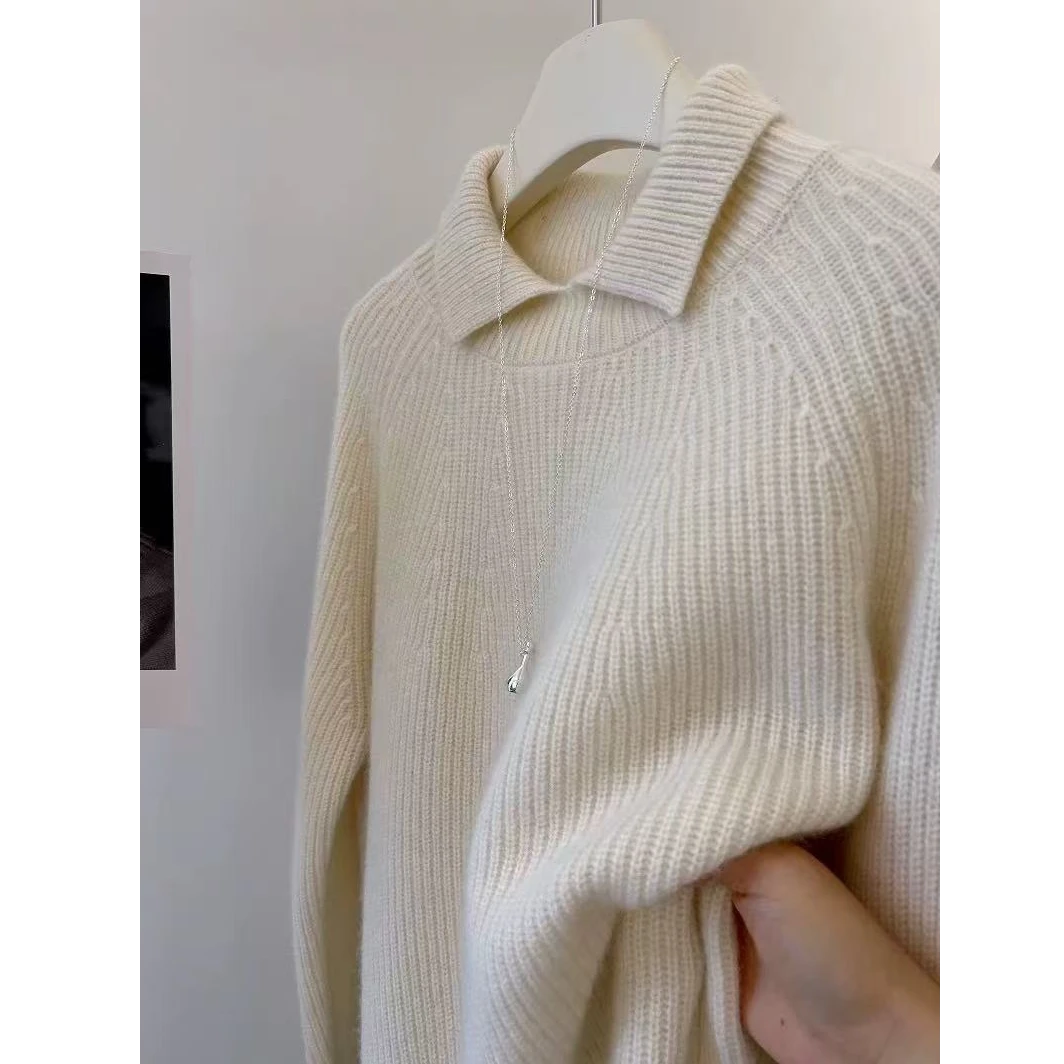 RC【慵懒厚实小翻领】秋季新款百搭女士针织衫套头宽松外穿毛衣加厚