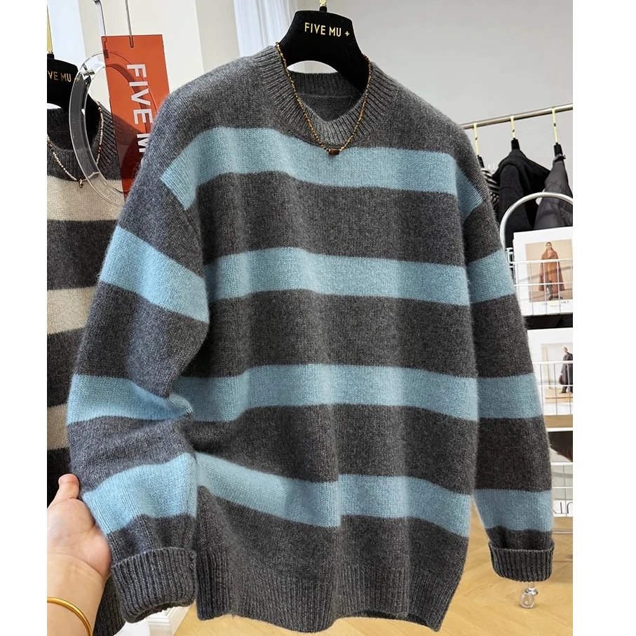 2153【圆领蓝灰宽条纹毛衣】秋冬新款女士针织衫韩版宽松外穿上衣