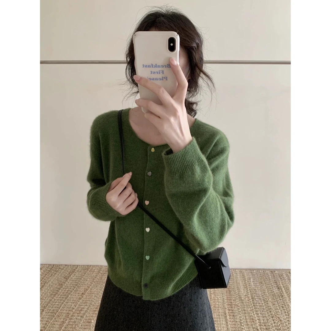 2015【爱心彩扣花绿开衫】春季新款女士针织衫宽松外穿毛衣