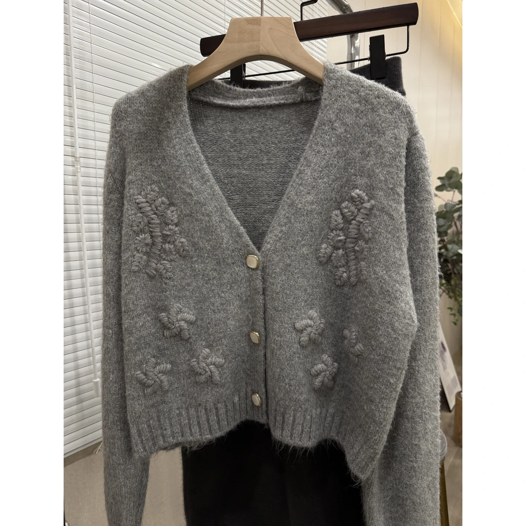 RC【立体盘花开衫】秋季新款女士短款针织宽松外穿毛衣百搭