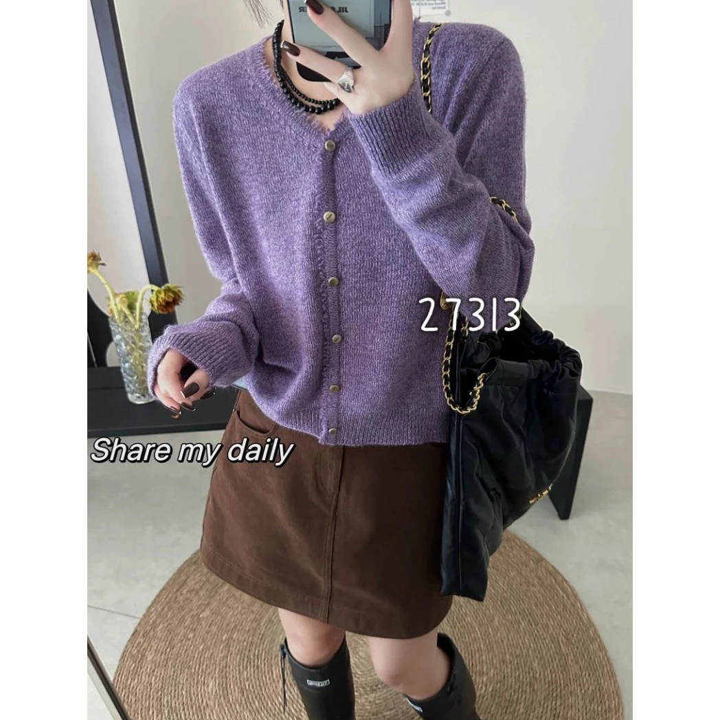 RC【流苏边花紫假开衫】气质内搭秋季新款宽松慵懒风针织上衣