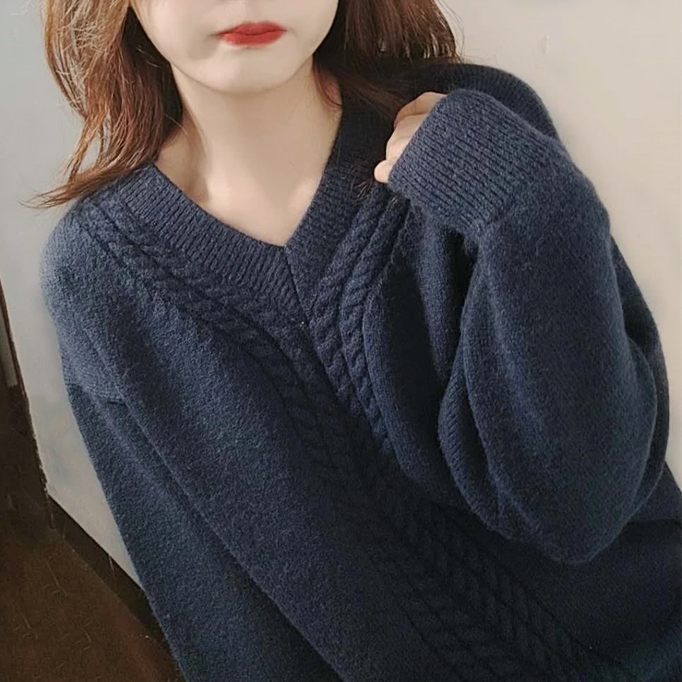 2299【V领麻花毛衣】秋冬新款女士复古慵懒风针织打底衫