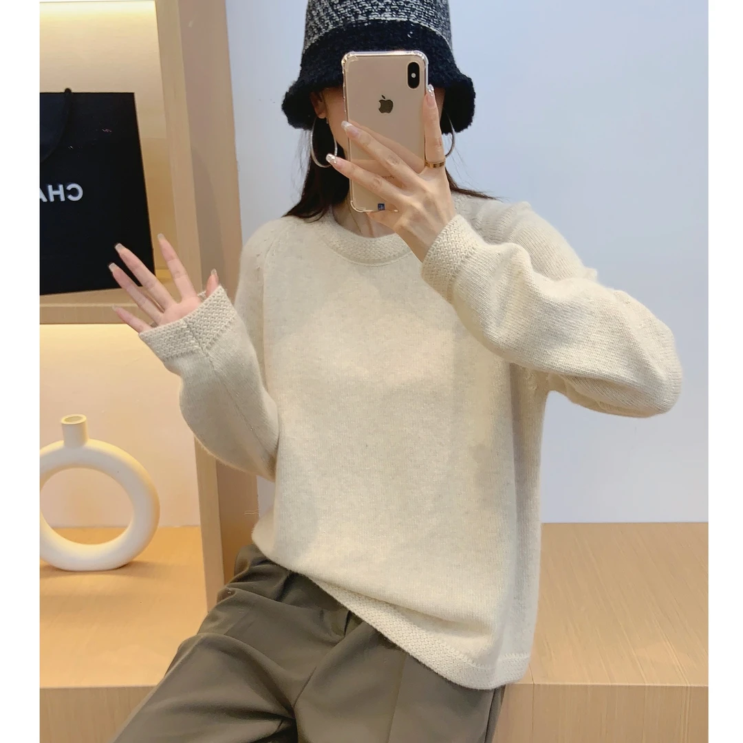 2171【袖领挑花毛衣】秋冬新款圆领女士宽松抓花针织衫