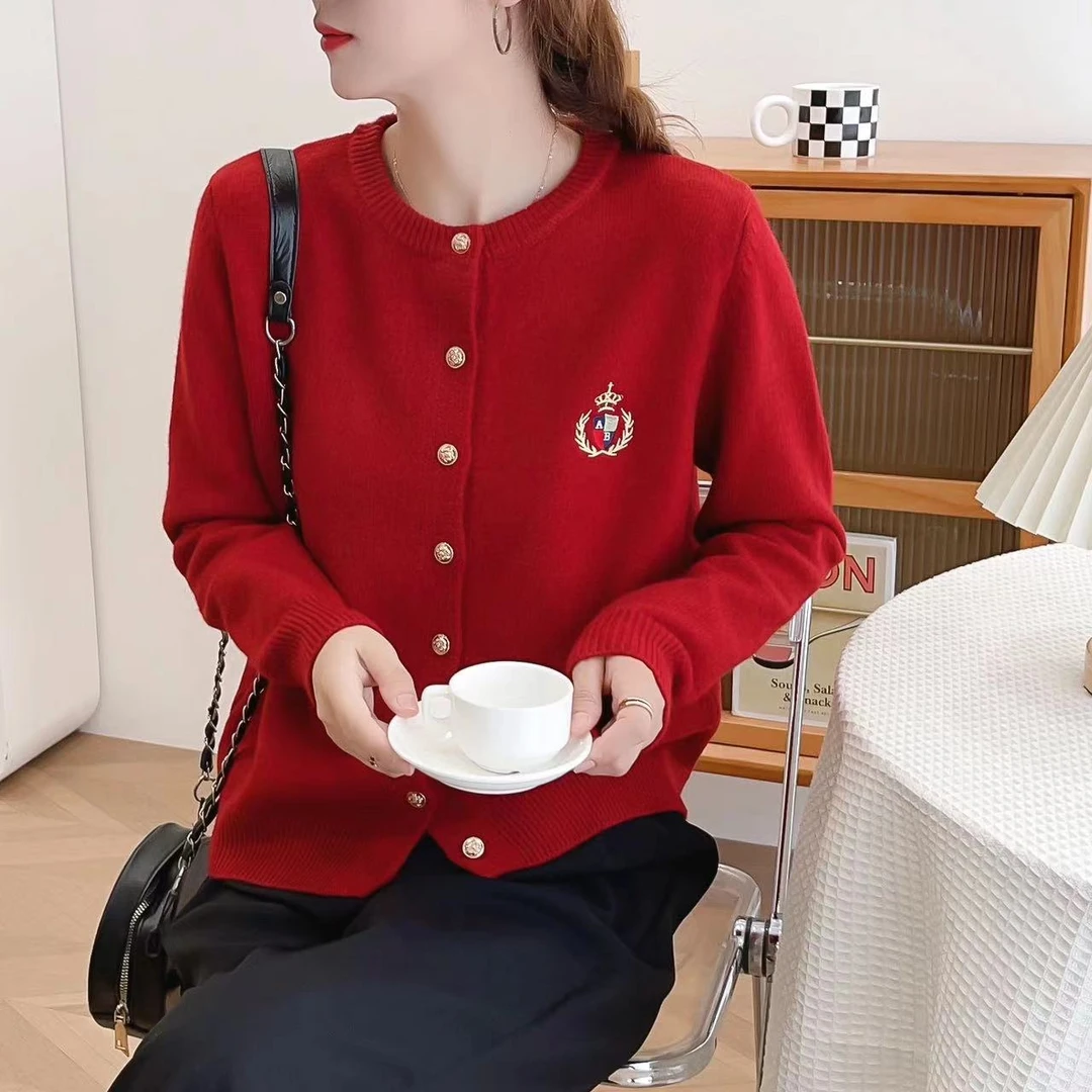 RC【AB刺绣开衫】春季新款女士长袖针织衫圆领休闲毛衣外套精品