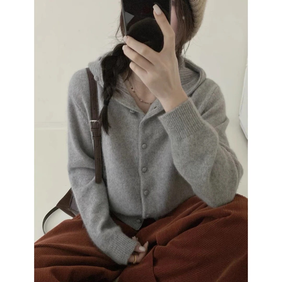 RC【一体连帽包扣外套】新款秋季气质毛衣开衫慵懒风女士上衣新