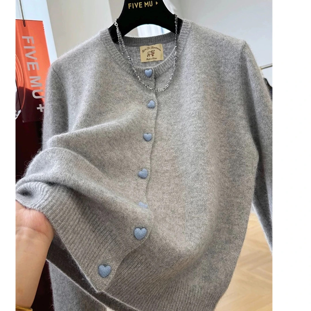 2014【温柔蓝色爱心包扣开衫】春季新款女士针织衫宽松外穿毛衣