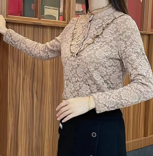 秋冬新款时尚气质妈妈装修身加绒加厚蕾丝减龄女士微弹打底衫上衣