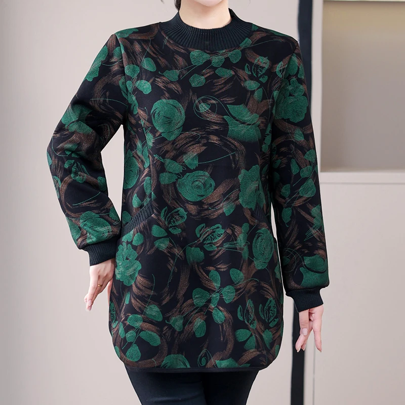 秋冬新款妈妈装宽松减龄中年洋气长袖女加绒加厚上衣保暖打底小衫
