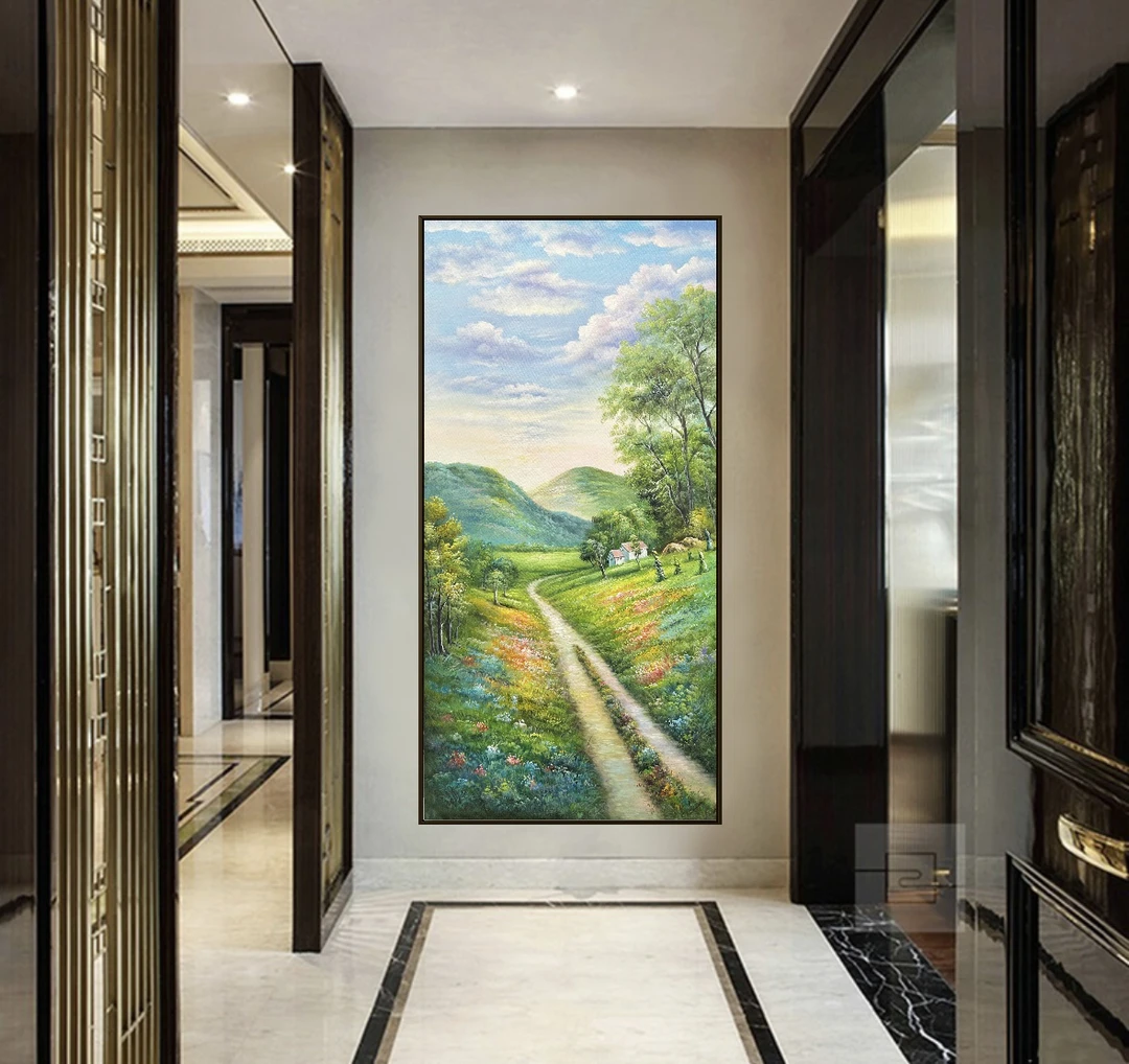 现代简约风景入户玄关手绘油画竖版走廊过道客厅酒店大门挂画