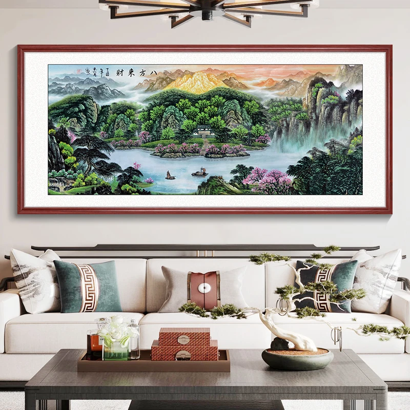八方来财聚宝盆国画新中式山水画客厅装饰画