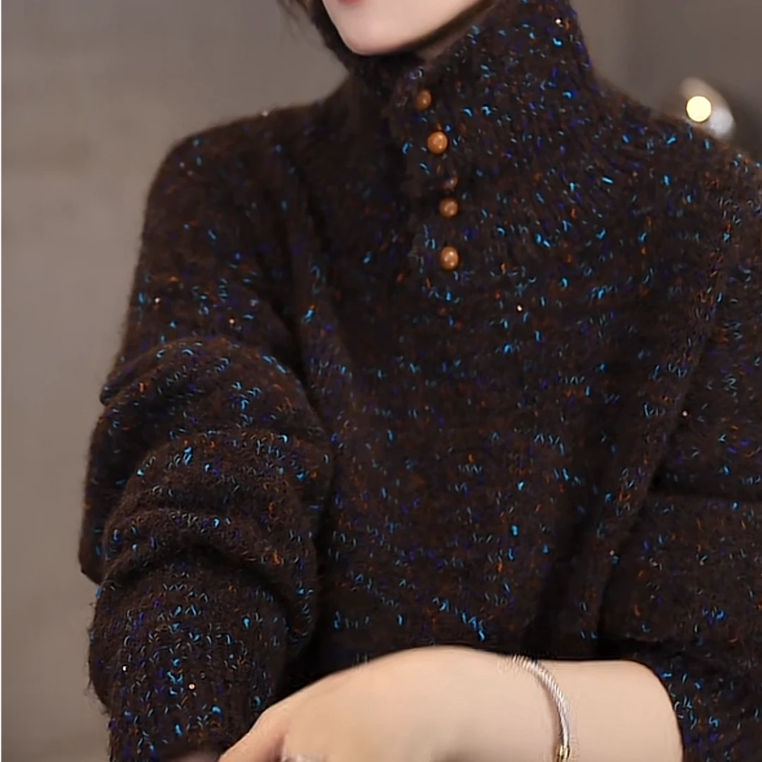 【Jasoncolors】秋冬长袖宽松厚款百搭半高领翻领毛衣针织上衣女