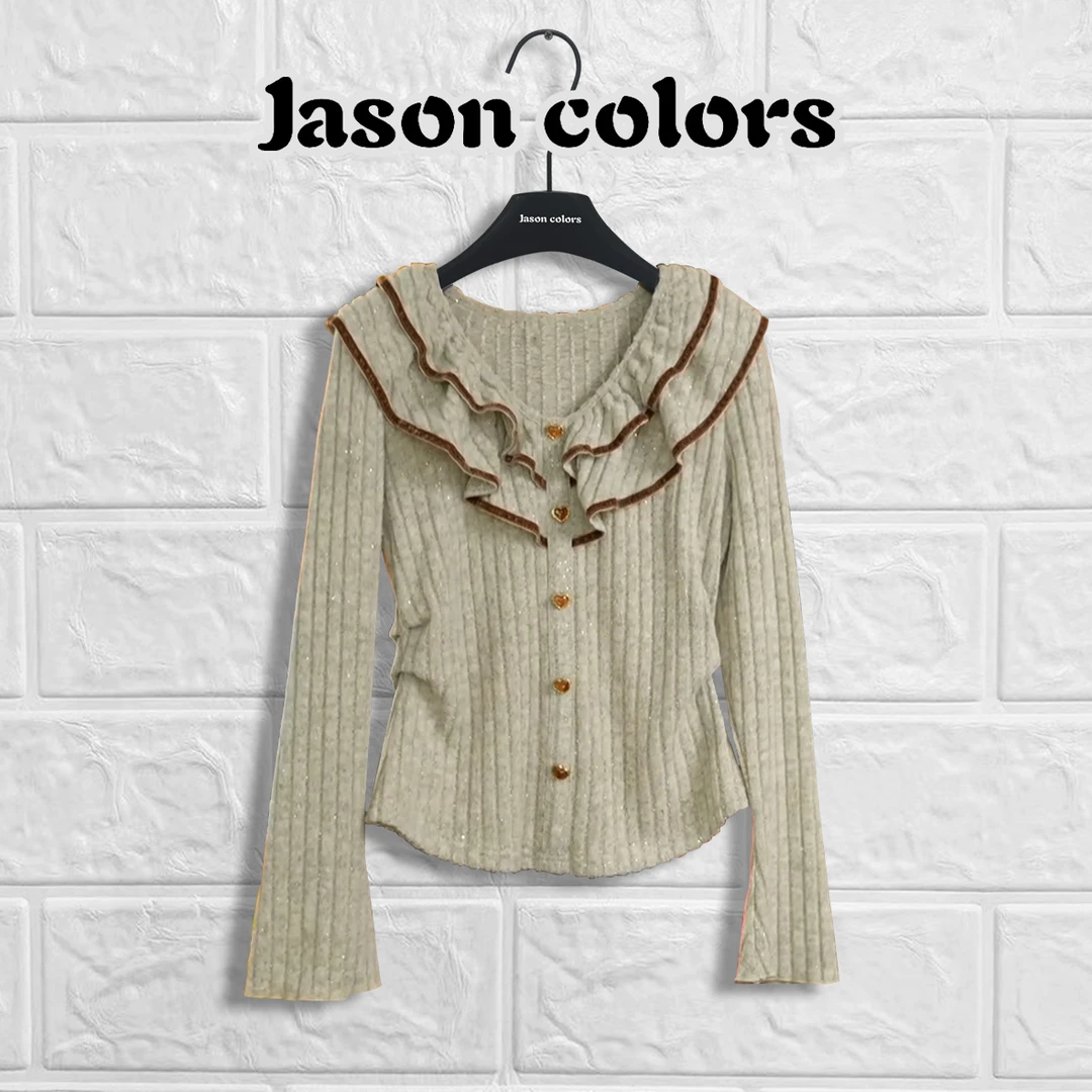 【Jasoncolors】秋季新款花边心形纽扣设计修身气质百搭打底衫上衣
