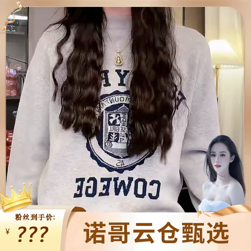 【诺哥专属】设计感字母徽章印花圆领加绒卫衣女秋季套头灰色长袖