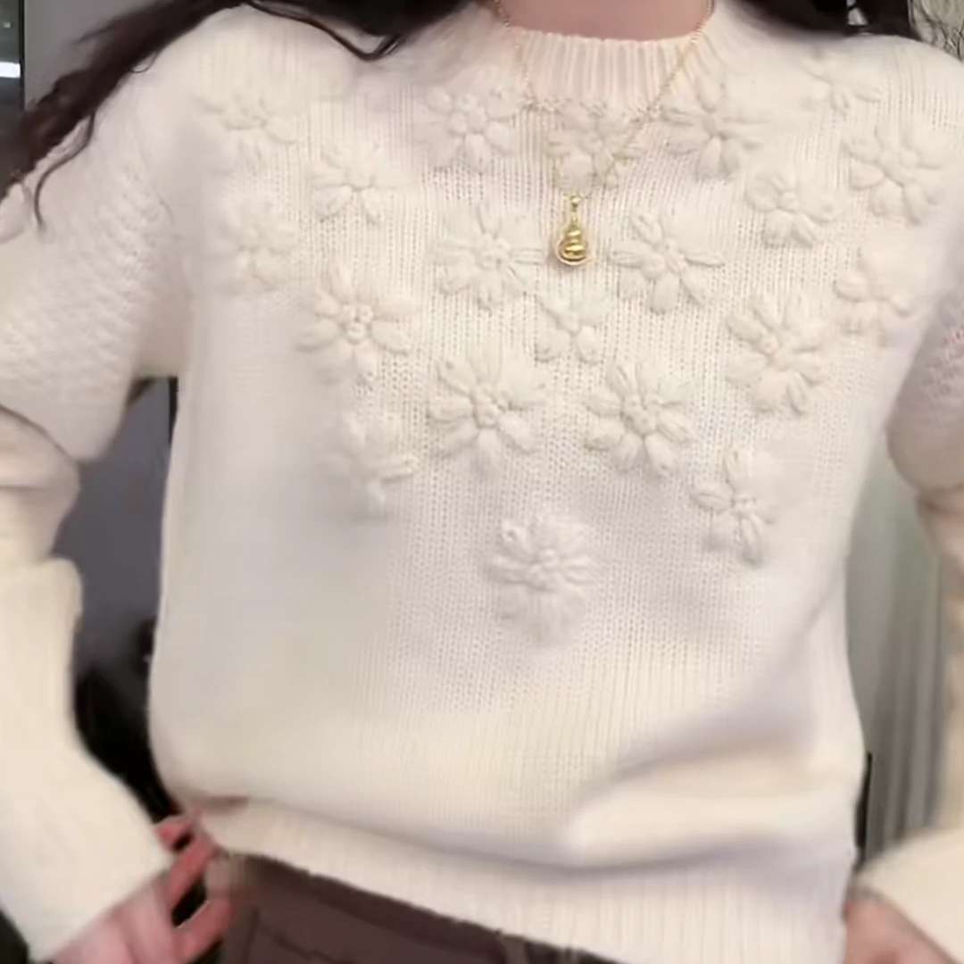 【Jason colors】T秋冬新款钩花长袖立体毛衣针织上衣女镂空套头