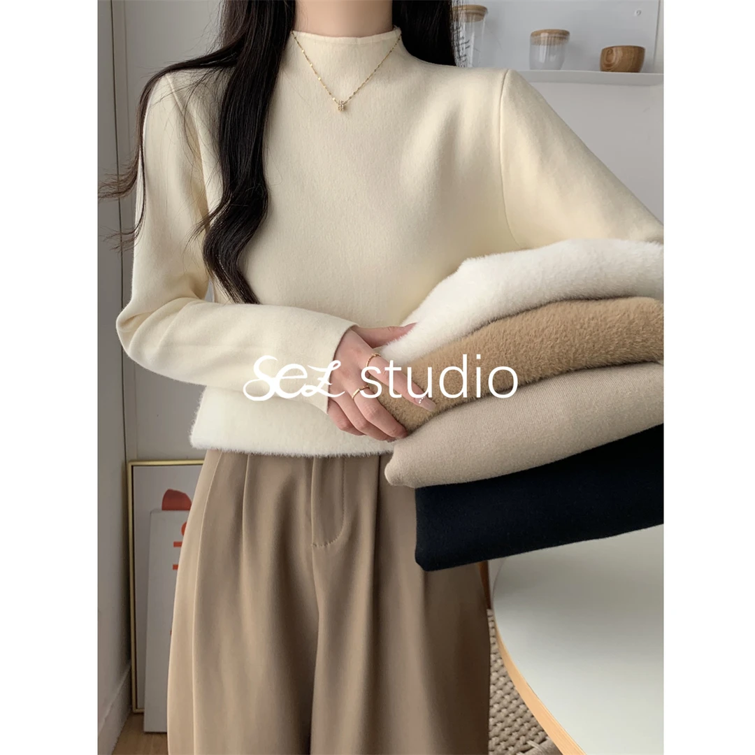 【加绒加厚】秋冬韩版修身半高领纯色一体绒保暖内搭针织打底毛衣女