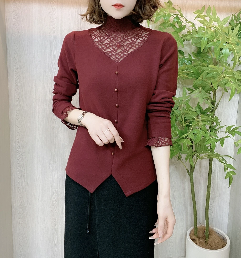 秋冬季新款蕾丝拼接优雅气质修身显瘦洋气时尚女人味小衫