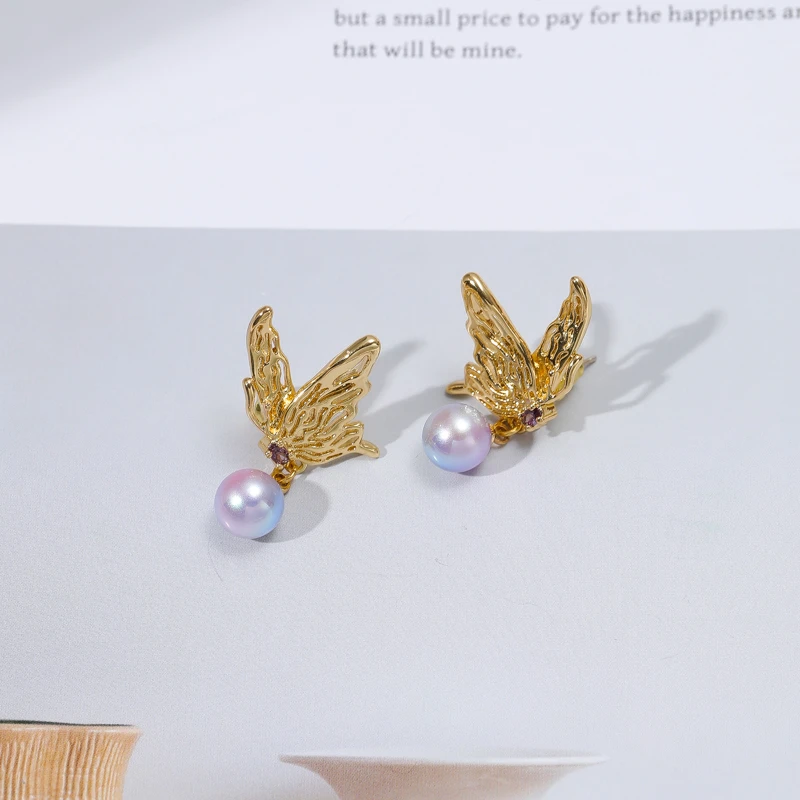 铜合金仿珍珠耳饰 7263 蝴蝶珠珠耳钉个性时轻奢耳饰气质百搭
