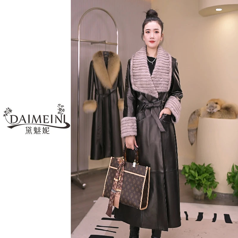 【黛魅妮】85088-1 冬季水貂真皮鹅绒服女绵羊皮风衣皮衣长款外套