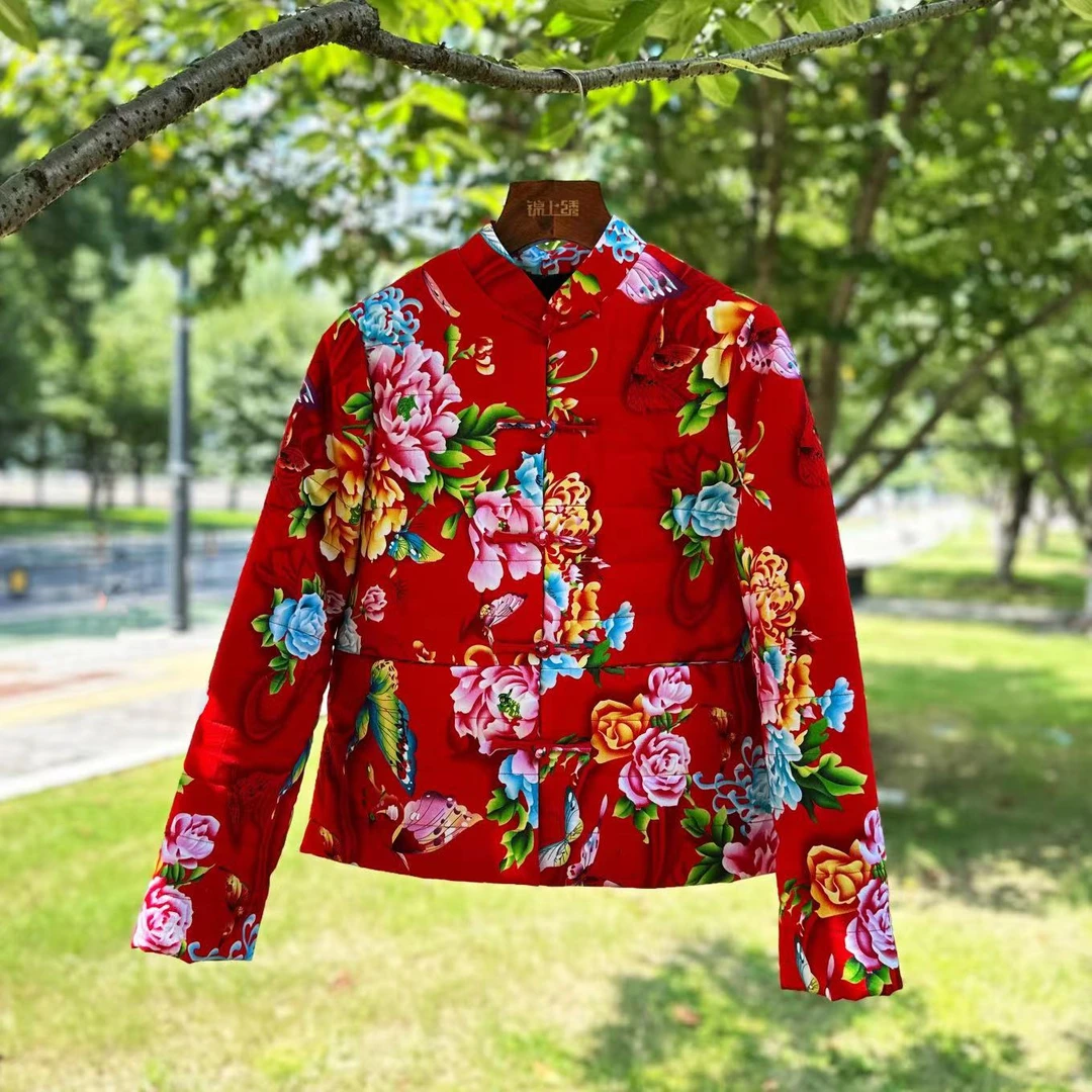 蝶恋花新疆长绒棉对襟盘扣夹棉东北大花布棉袄